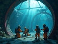 Professional divers in bright orange suits explore futuristic underwater habitat while underwater drone hovers nearby