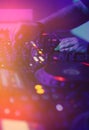 Professional dj audio equipment on edm music festival in night club Royalty Free Stock Photo