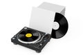 Professional DJ Turntable Vinyl Record Player near Stack of Vinyl Disks in Blank Paper Cases. 3d Rendering