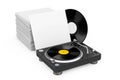 Professional DJ Turntable Vinyl Record Player near Stack of Vinyl Disks in Blank Paper Cases. 3d Rendering