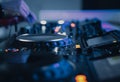 Professional dj audio equipment on edm music festival in night club Royalty Free Stock Photo