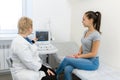 Professional doctor advises the patient young girl after ultrasound