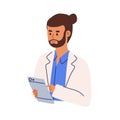 Professional doctor or medical student using tablet PC. Happy medic specialist in uniform. Colored flat cartoon vector