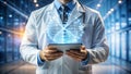 Doctor using digital tablet with holographic brain data visualization Royalty Free Stock Photo