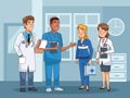 Professional doctors staff in hospital characters