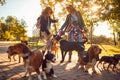 Professional Dog Walker enjoying with dogs while walking outdoors Royalty Free Stock Photo