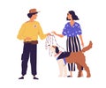 Professional dog walker from pet walking service getting animal from owner. Colored flat vector illustration isolated on