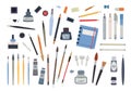 Professional drafting and painting tools set. Drawing pens and sharpened pencils with markers special ink brushes with Royalty Free Stock Photo