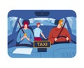 Professional driver, passengers ride taxi, inside car, city trip, comfortable automobile, design cartoon style vector