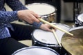 Professional drum set closeup. Drummer with drums, live music concert Royalty Free Stock Photo