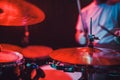 Professional drum set closeup. Drummer with drums, live music concert. Royalty Free Stock Photo