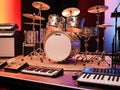 Professional drum set and musical instruments on stage setup for live performance Royalty Free Stock Photo