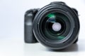 Professional dslr camera equipment with 70-300 mm tele zoom objective with wide camera lens in macro close-up view shows details Royalty Free Stock Photo