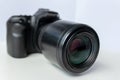 Professional dslr camera equipment with 70-300 mm tele zoom objective with wide camera lens in macro close-up view shows details Royalty Free Stock Photo