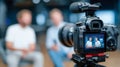 Professional DSLR camera filming two men during an interview in a studio with soft ambient lighting Royalty Free Stock Photo