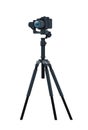 Professional DSLR camera on tripod stabilizer metal construction take a photo movie or video concept isolated vertical