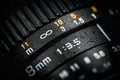 Professional DSLR lens on dark background. Macro photo Royalty Free Stock Photo