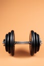 Professional dumbbell and weight plates over beige background. Black metal dumbbell with chrome silver handle. Gym Royalty Free Stock Photo