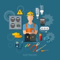 Professional electrician with electricity tools flat vector