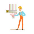 Professional electrician man character checking electrical equipment, electrical works vector Illustration