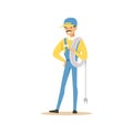 Professional electrician man character standing with wire roll, electrical works vector Illustration