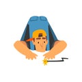 Professional Electrician Repairing Electrical Wire, Electric Man Character in Blue Overalls at Work Vector Illustration