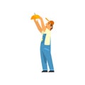 Professional Electrician Screwing Lamp, Electric Man Character in Blue Overalls at Work Vector Illustration