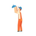 Professional Electrician Screwing Lamp, Male Construction Worker Character in Orange Overalls and Blue Cap with