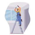 Professional Electrician Worker Character Installs A Ceiling Lamp At Home, Ensuring Proper Wiring And Fixture Placement