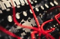 Professional synthesizer board with many audio cables Royalty Free Stock Photo