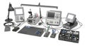 Electronics Repair Workbench Setup with Oscilloscope Tools and Components under Task Lighting on White Background Royalty Free Stock Photo