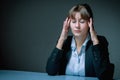 Professional and emotional burnout. Portrait of exhausted and tired business woman in the office. Copy space Royalty Free Stock Photo