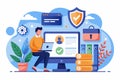 A professional engaged in secure data entry on a laptop, with protective symbols and office items around Secure data entry, simple Royalty Free Stock Photo
