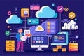 A professional engages with cloud management tools and data storage solutions, showcasing a vibrant workspace filled with digital Royalty Free Stock Photo