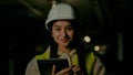 Professional engineer architect technical supervisor boss builder wearing hardhat stand on underground construction site