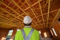 Professional engineer architect worker with protective helmet at house building construction site background