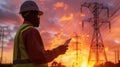 Engineer Inspecting Power Lines at Sunset. AI generated Royalty Free Stock Photo
