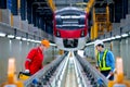 Professional engineer and technician workers discuss and stay in front of train to check function of railroad tracks of electrical Royalty Free Stock Photo