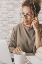 Professional entrepreneur work alone in home office workplace desk with laptop and paper documents. Business online job female Royalty Free Stock Photo