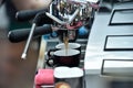 Professional espresso machine while preparing two espressos. Coffee machine. Royalty Free Stock Photo