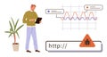 Man Analyzing Website Malware Alert with Tablet in Front of Plant and Graph Interface Royalty Free Stock Photo
