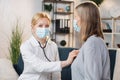 Professional experienced pleasant female doctor, wearing face mask, examining her senior woman patient and using her