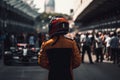 F1 driver standing up at starting line, generative AI Royalty Free Stock Photo