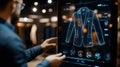 Professional fashion designer working on a virtual garment displayed on a futuristic touchscreen, utilizing cutting edge augmented