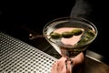 Professional female bartender serving transparent cocktail based on martini decorated with olives on the skewer Royalty Free Stock Photo