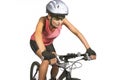 professional female cycling athlete riding mountain bike and equipped with professional bike gear isolated over white background