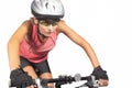 professional female cycling athlete riding mountain bike and equipped with professional bike gear isolated over white background.