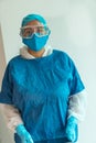 Professional female doctor in medical uniform and protective mask with goggles looking at camera