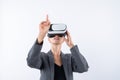 Smart leader touching at program or working while using VR glasses. Contraption. Royalty Free Stock Photo