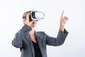 Smart leader touching at program or working while using VR glasses. Contraption. Royalty Free Stock Photo
